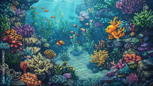 Picture a pixel art underwater world, teeming with colorful fish, coral reefs, and mysterious sea creatures.
