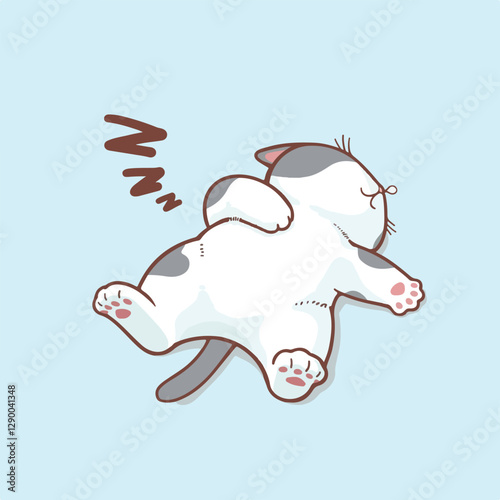 A cute, chubby cartoon cat with gray and white fur is lying on its back, peacefully sleeping. Its paws are relaxed, and a "Zzz" symbol floats above, indicating deep rest. 
