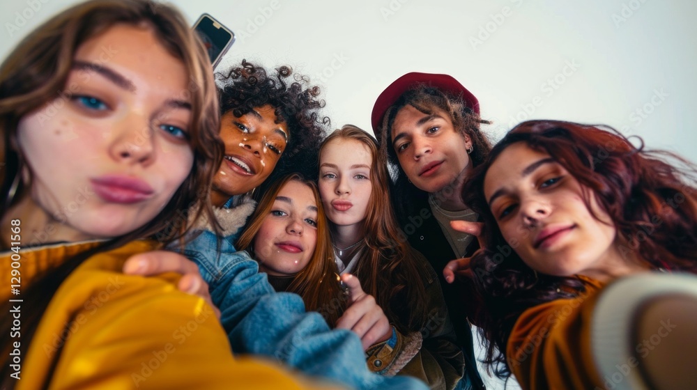 Obraz premium Picture a group of friends taking a selfie against a white backdrop. 