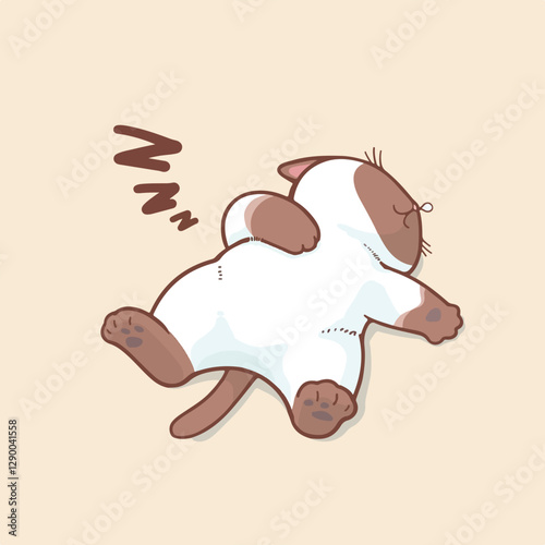 A cute, chubby cartoon cat with chocolate and white fur is lying on its back, peacefully sleeping. Its paws are relaxed, and a "Zzz" symbol floats above, indicating deep rest. 