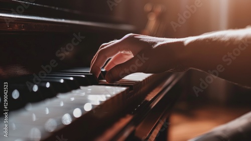 Picture a person pressing a piano key, the room filled with soft, ambient lighting. 