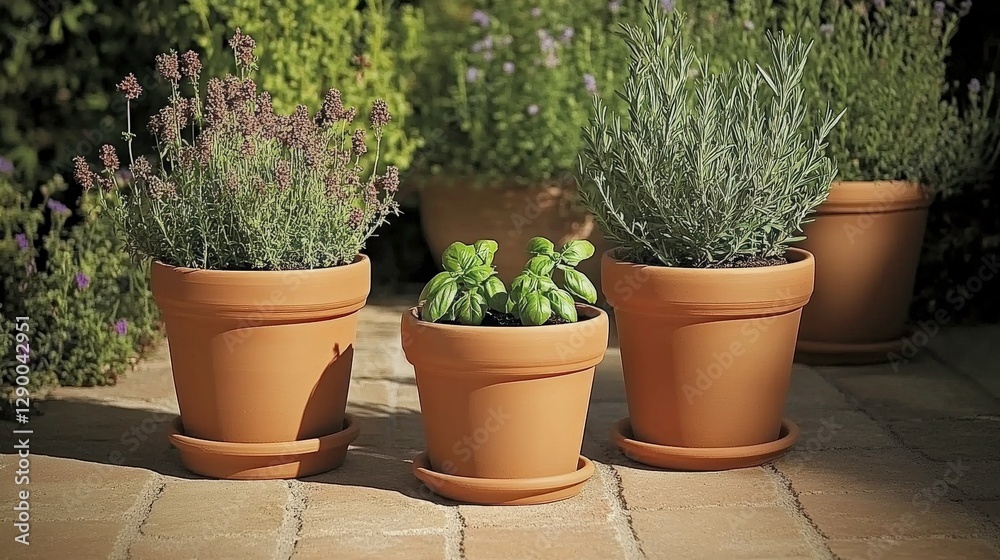 Herb Garden with Terracotta Pots and Aromatic Plants Herb Garden with Terracotta Pots and Aromatic Plants