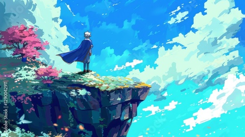 Picture a pixel art character standing heroically at the edge of a cliff, overlooking a vast pixelated landscape. 