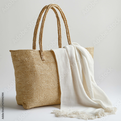 Woven straw bag with handles and white scarf draped over it, showcasing natural and stylish look. Perfect for summer outings or beach trips