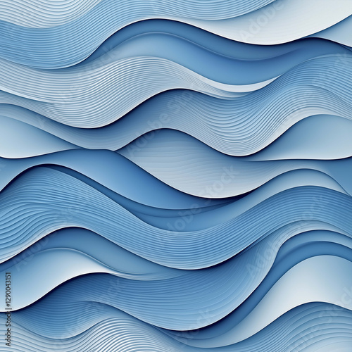 Smooth blue waves create serene and calming abstract pattern, showcasing layered textures and gentle curves that evoke sense of tranquility and depth
