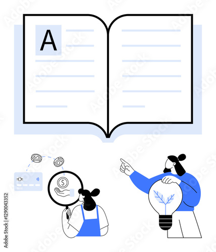 Open book with blue elements, woman magnifying financial transaction, another with large light bulb, pointing. Ideal for learning, growth, innovation, financial insight, creativity teamwork