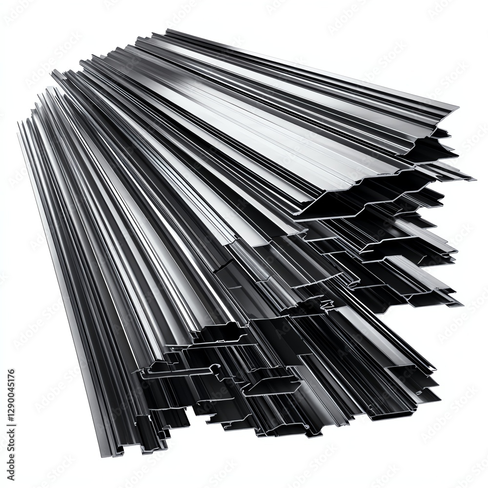 Stack of metal profiles, black isolate background Stack of metal profiles, black isolate background