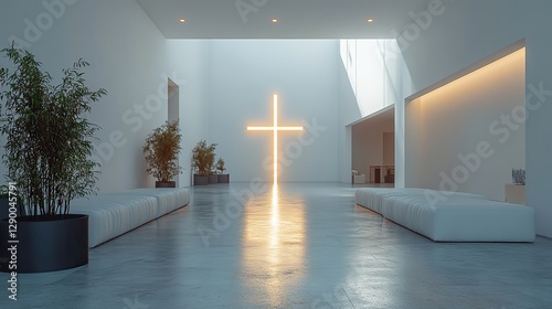 empty white room with a glowing cross of light on the wall