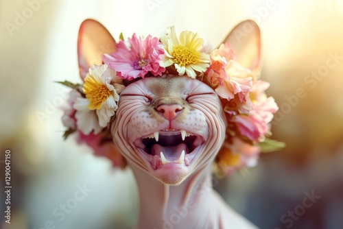 Golden hour in sunset. Cute baby cat sphynx wearing fierce flower crown on its head. Holiday season happiness. Cheerful holiday vibes with cats. Joyful pet with natureâ€™s touch.