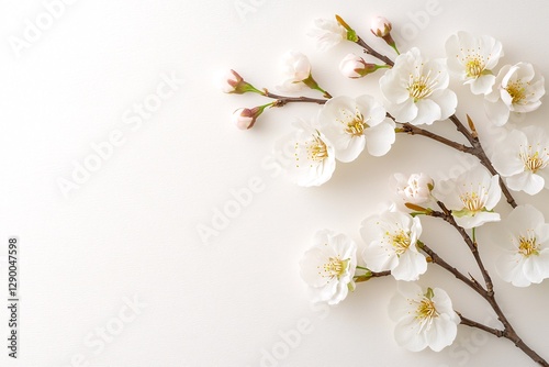 Cherry blossoms spring concept. Delicate white cherry blossoms on a light background, evoking a sense of spring and tranquility. Perfect for nature themes.