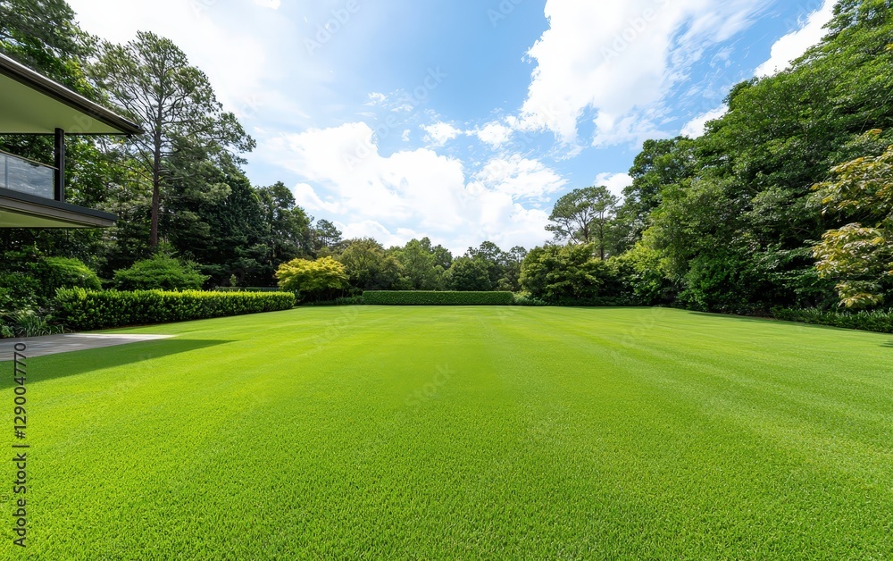 Obraz premium A well-maintained lawn in a home setting with lush green grass offering a beautiful outdoor space for relaxation