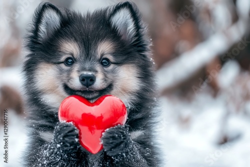 Cute finnish lapphund hound with diamond red heart on a walk in a winter garden. Finnish lapphund - my preferred dog, symbol of friendship. Marketing animal design idea. Puppy wrapped in love. photo