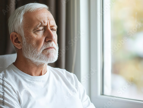 Elderly man sitting by a window, bathed in sunlight, breathing deeply with a peaceful expression, respiratory health, pneumonia recovery, serenity