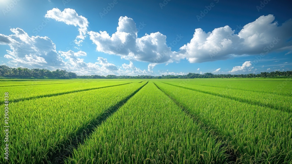 Lush green rice paddy field under a vibrant sky Lush green rice paddy field under a vibrant sky