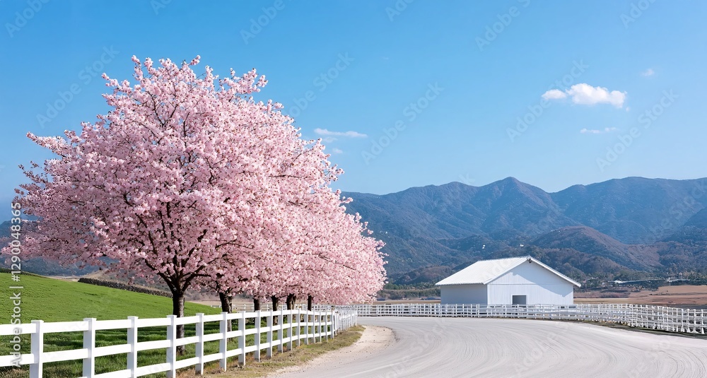 Cherry blossoms spring concept. A picturesque scene featuring blooming cherry trees along a white fence, leading to a white barn against a backdrop of mountains and blue sky. Cherry blossoms spring concept. A picturesque scene featuring blooming cherry trees along a white fence, leading to a white barn against a backdrop of mountains and blue sky.
