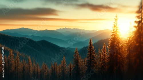 Sunrise Mountain Landscape Golden Light on Evergreen Forest