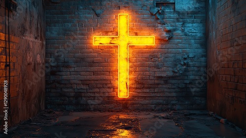 glowing christian cross on a white aged wall