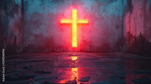 glowing christian cross on a white aged wall