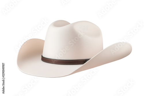 Cowboy hat with a brown band is shown on a white background, isolated