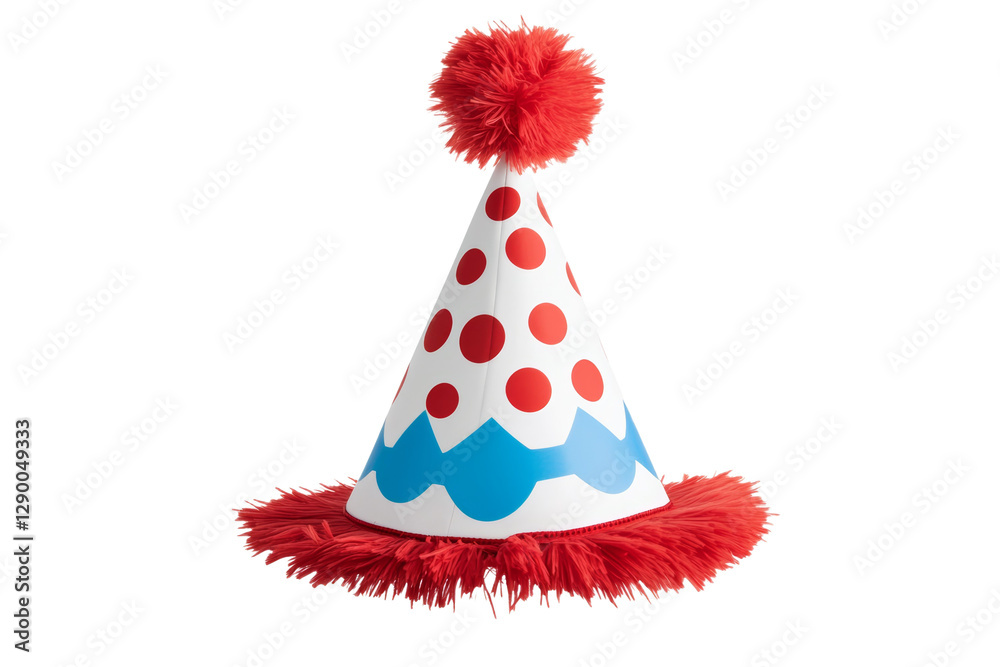 Red and white party hat with red and blue polka dots, isolated Red and white party hat with red and blue polka dots, isolated