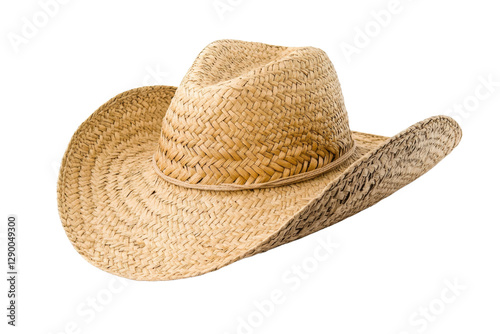 Straw cowboy hat with a brown band, isolated
