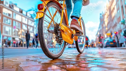 person riding yellow bicycle on city street, showcasing urban life and vibrant surroundings