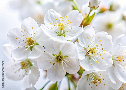 Macro close-up of pure white cherry blossoms, a springtime floral masterpiece against a pristine white backdrop.