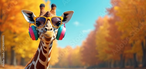 Portrait of giraffe wearing sunglasses and headphones against vibrant autumn background. Playful animal with character enjoys music. Head shot of cool exotic mammal in sunny autumn scenery.