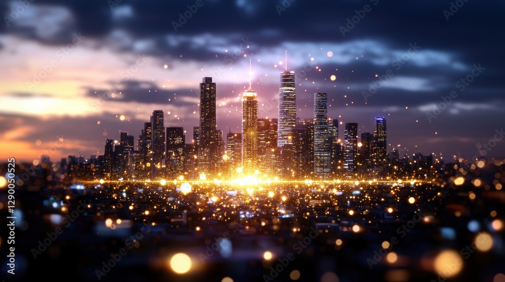 Fototapeta premium Mesmerizing Metropolis A Glittering Cityscape at Sunset with Soaring Skyscrapers and Dazzling Lights