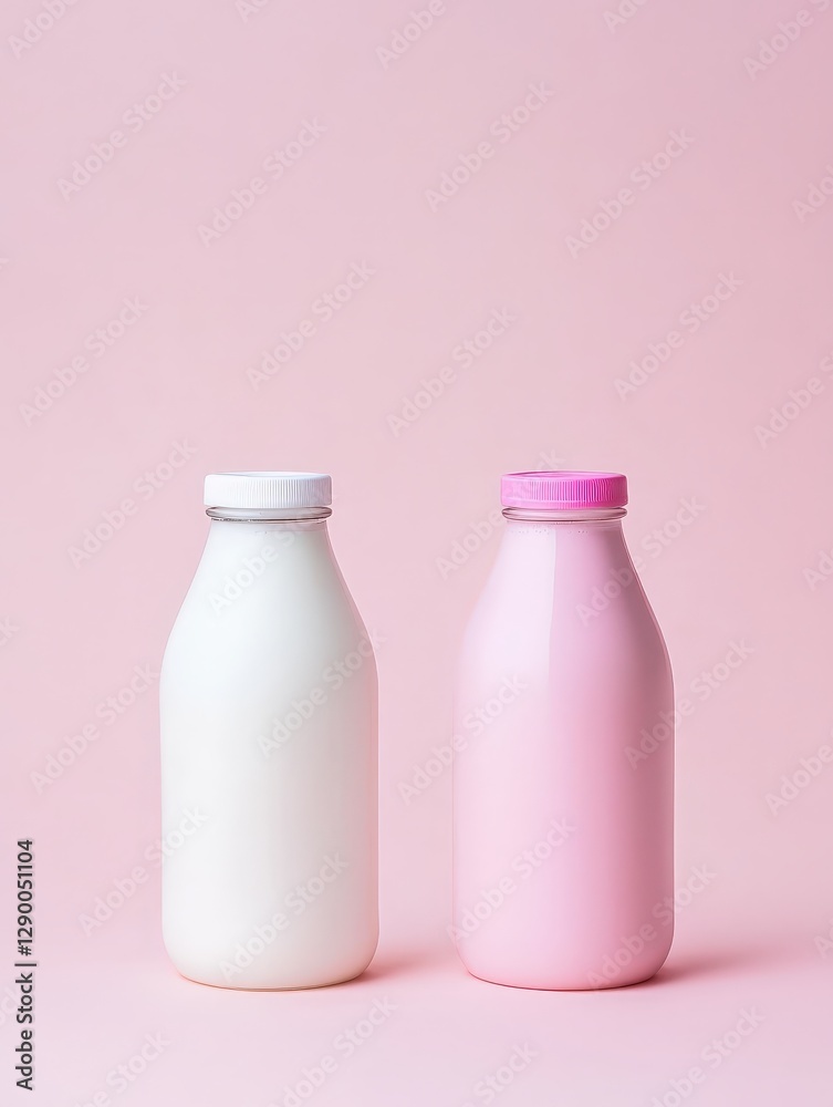 Two bottles of fresh milk standing proudly on a soft pink background highlighting a healthy and nutritious lifestyle Two bottles of fresh milk standing proudly on a soft pink background highlighting a healthy and nutritious lifestyle