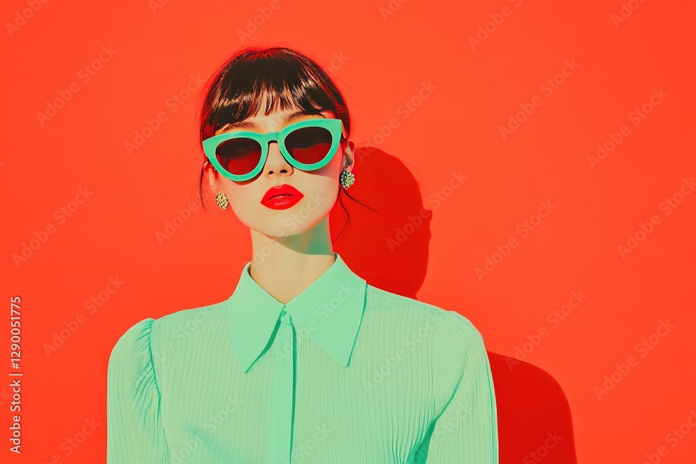 Fashionable Woman in Mint Green Outfit and Sunglasses Against Bright Orange Background Fashionable Woman in Mint Green Outfit and Sunglasses Against Bright Orange Background