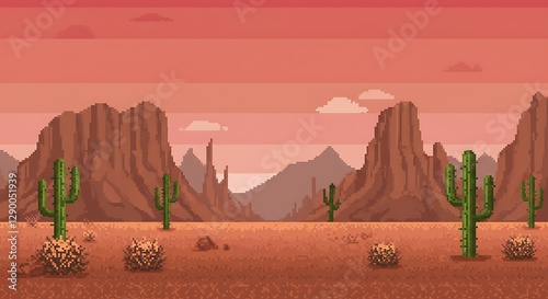 Pixel Art Desert Landscape with Cacti and Red Rock Mountains