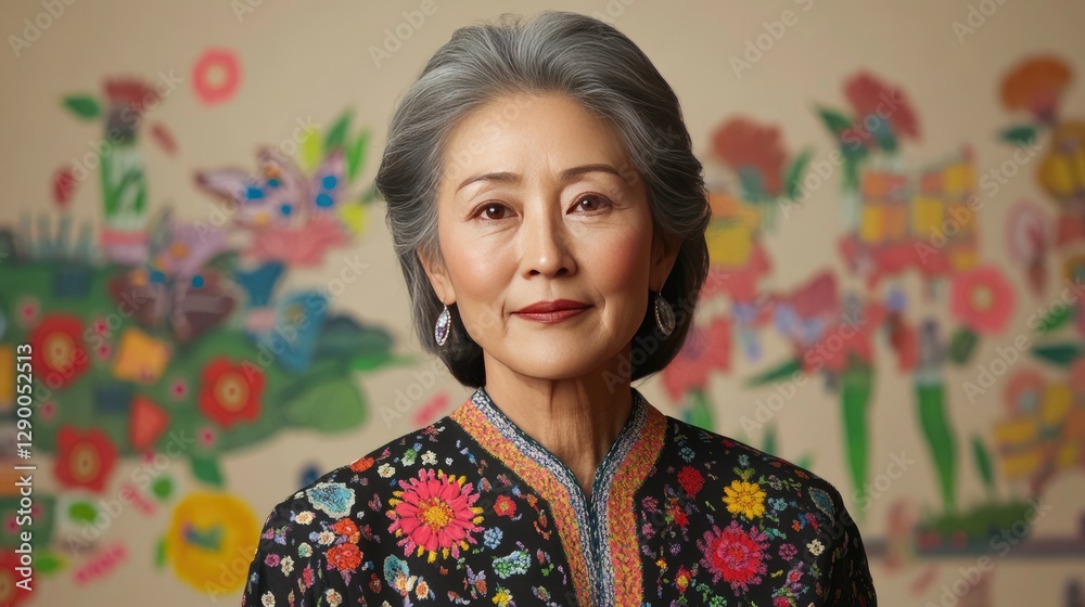 Elegant Woman in Floral Attire Against Artistic Wall of Vibrant Nature Design Elegant Woman in Floral Attire Against Artistic Wall of Vibrant Nature Design