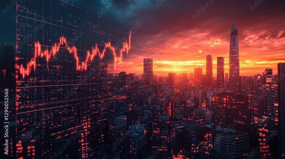 A glowing stock market chart rising dramatically against a cityscape at sunset A glowing stock market chart rising dramatically against a cityscape at sunset