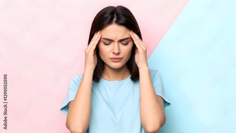 Young Woman Suffering from Headache, Stress, Anxiety, or Migraine Pain Holding Head in Distress on Pastel Background