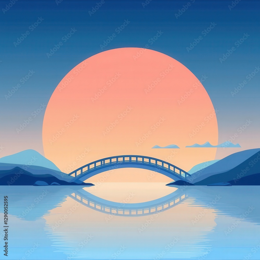 Obraz premium A bridge spans a river with a large, orange sun in the background