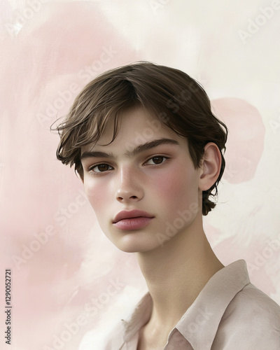 Close-up portrait of an androgynous young model posing against a light pink background, wearing soft pink clothing and displaying a serious expression that highlights their unique beauty