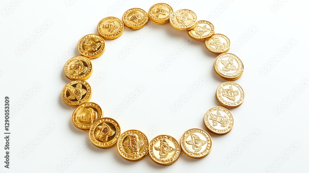 Gold coins arranged in a circle on a white isolated background. Gold coins arranged in a circle on a white isolated background.