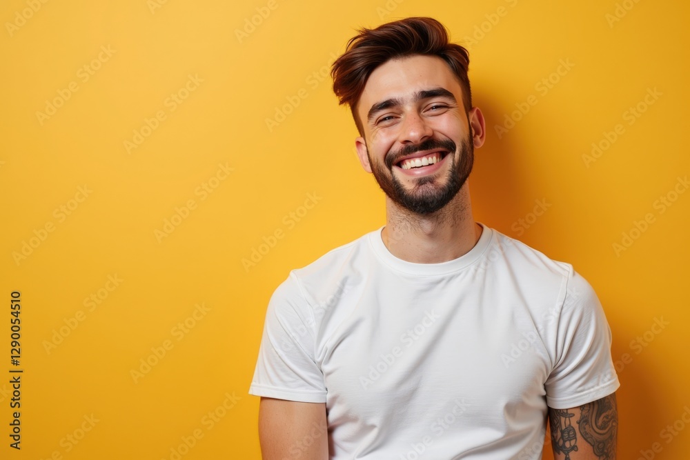 Young Smiling Man with Beard Posing Against a Vibrant Yellow Background, Capturing Joy and Confidence in His Expression Young Smiling Man with Beard Posing Against a Vibrant Yellow Background, Capturing Joy and Confidence in His Expression