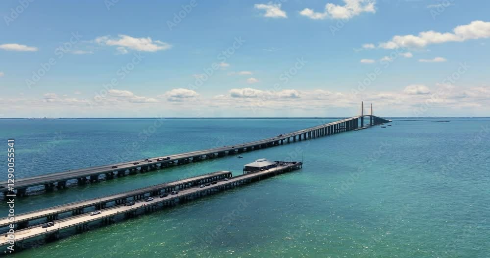 Sunshine Skyway Bridge with fishing pier in Florida, USA. Driving traffic over Tampa Bay Sunshine Skyway Bridge with fishing pier in Florida, USA. Driving traffic over Tampa Bay