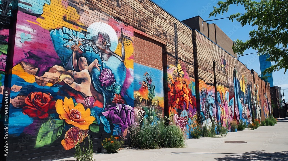 Fototapeta premium Adam Eve in a graffiti mural with street art elements and cultural references