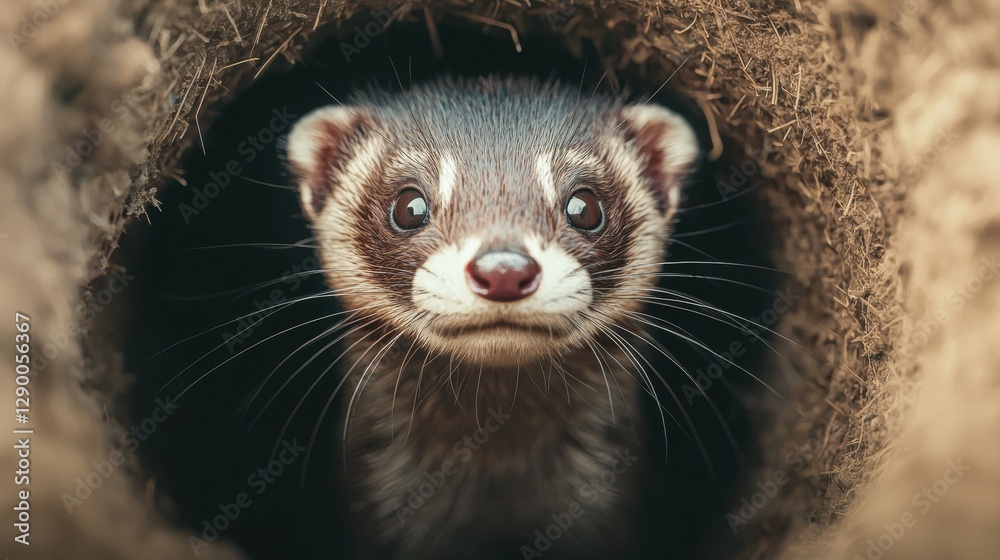Close up portrait of a ferret looking out from its burrow. Concept of wildlife, nature, and animals. Close up portrait of a ferret looking out from its burrow. Concept of wildlife, nature, and animals.