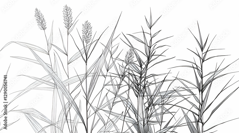 Fototapeta Black And White Detailed Botanical Illustration Of Various Grasses And Plants