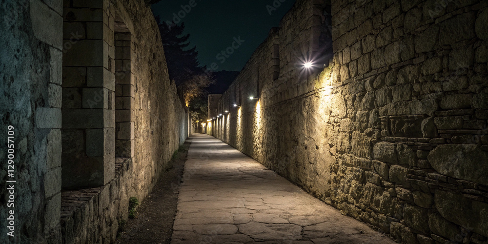 Fototapeta premium A Mysterious Corridor in a Stone Wall at Night