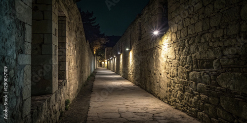 A Mysterious Corridor in a Stone Wall at Night