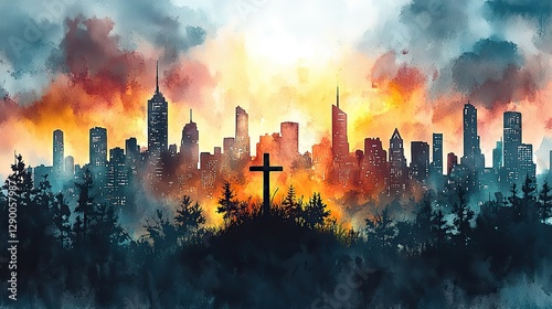 illustration of resurrection of christ on modern city skyline watercolor illustration