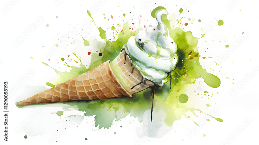 Naklejka premium Pistachio Ice Cream with splash watercolor