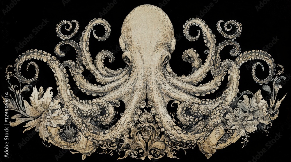 Intricate Octopus with Marine Elements in Raw Art Style Intricate Octopus with Marine Elements in Raw Art Style