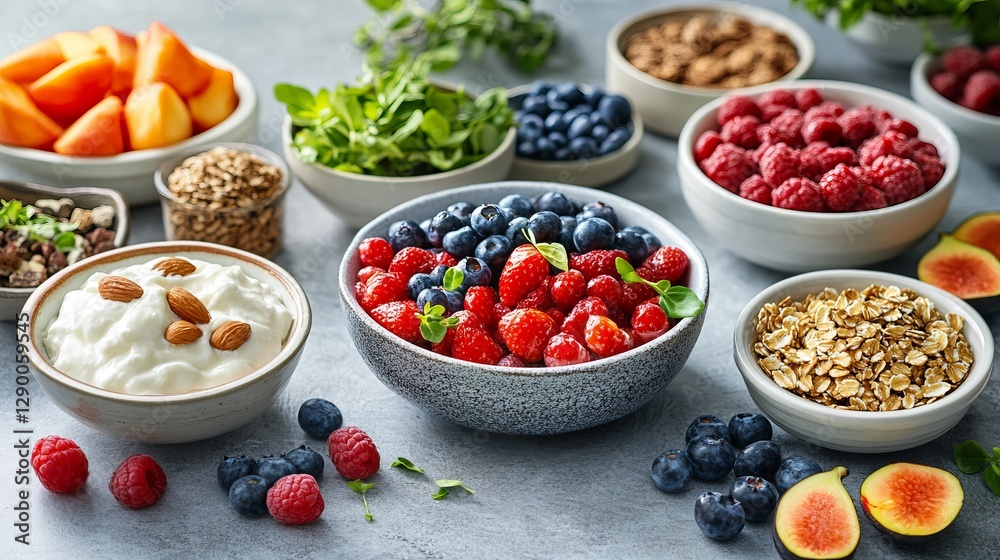 Vibrant Display of Fresh Fruits and Nuts in Rustic Bowls Highlighting Nature's Bounty and Variety Vibrant Display of Fresh Fruits and Nuts in Rustic Bowls Highlighting Nature's Bounty and Variety