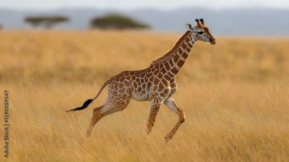 Obraz premium Young giraffe running through golden savanna